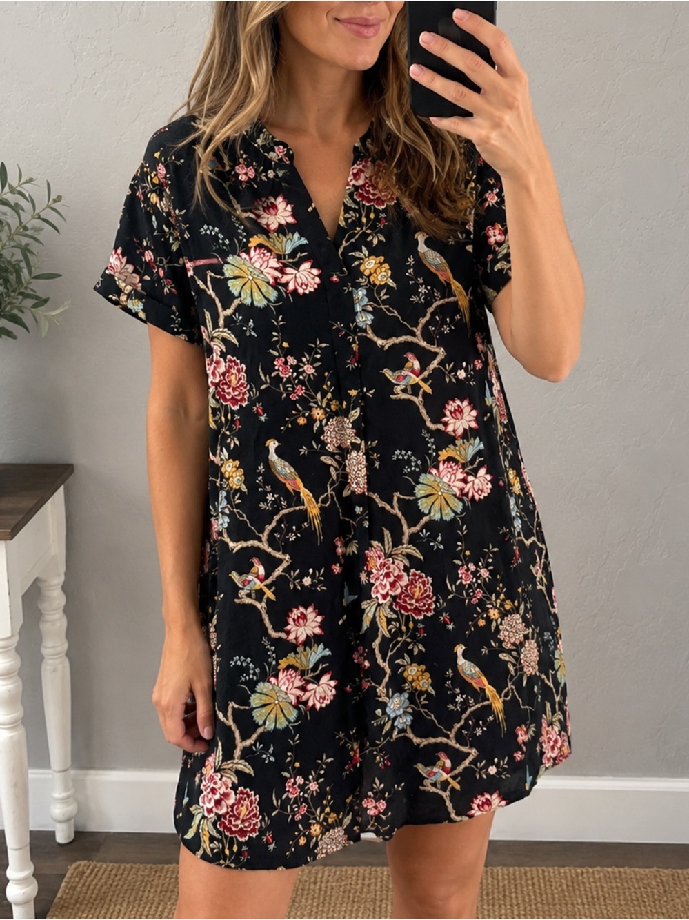 GP & J Baker x H&M Botanical Bird Print Viscose Shirt Dress Size 12